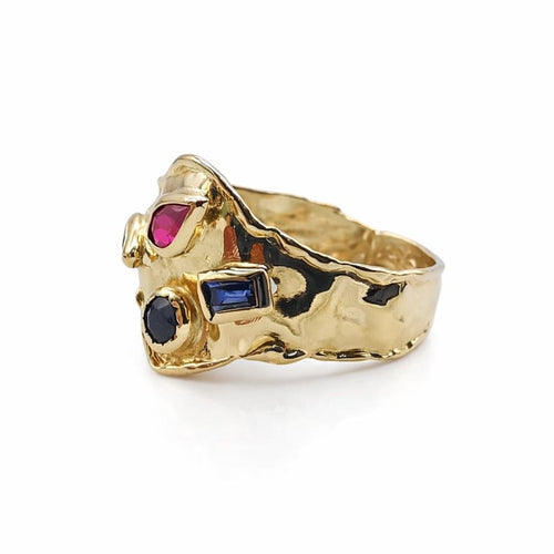 Bague 55 Bague en or jaune 18 carats sertie de saphirs, rubis et émeraude 58 Facettes Bague en or et pierres précieuse