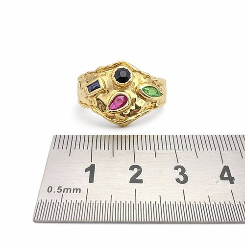 Bague 55 Bague en or jaune 18 carats sertie de saphirs, rubis et émeraude 58 Facettes Bague en or et pierres précieuse
