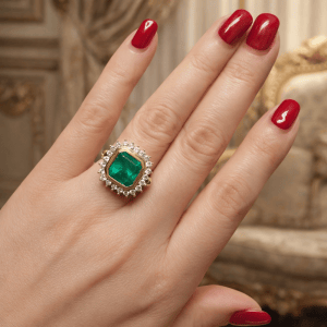 Bague 52 Bague en or jaune 18k avec émeraude naturelle et diamants 58 Facettes 50148