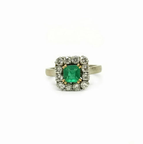 Bague 52 Bague vintage entourage en or jaune, platine, émeraude et diamants 58 Facettes