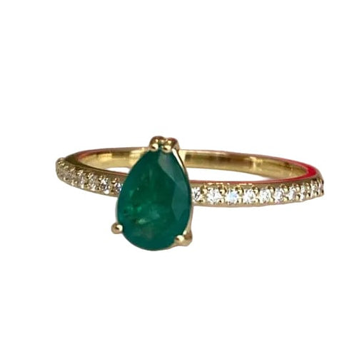 Bague 55 Bague de fiançailles - Taille poire en or jaune 18 ct, émeraude et diamants 58 Facettes ring