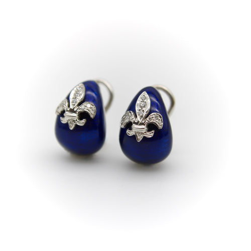 Boucles d'oreilles Hidalgo - Boucles d’oreilles fleur-de-lis en or blanc 18K, émail et diamants 58 Facettes