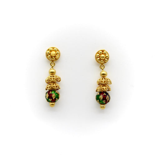 Boucles d'oreilles Cannetille indienne - Boucles d’oreilles pendantes en or jaune 22K émaillé 58 Facettes