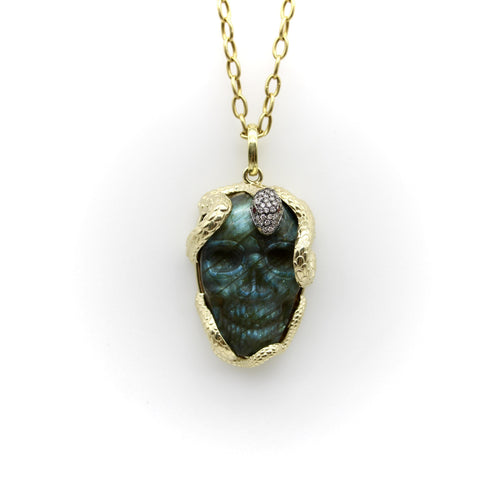 Pendentif Pendentif - Serpent entrelacé en or 14K, crâne en labradorite, diamants et rubis 58 Facettes A10038