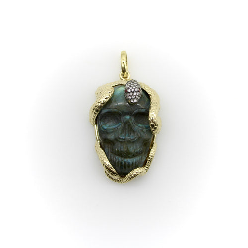 Pendentif Pendentif - Serpent entrelacé en or 14K, crâne en labradorite, diamants et rubis 58 Facettes A10038