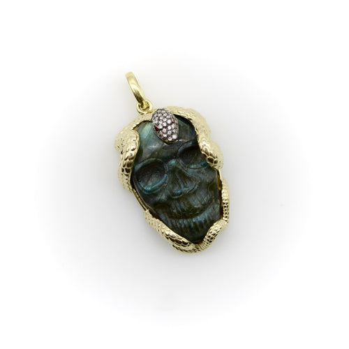 Pendentif Pendentif - Serpent entrelacé en or 14K, crâne en labradorite, diamants et rubis 58 Facettes A10038