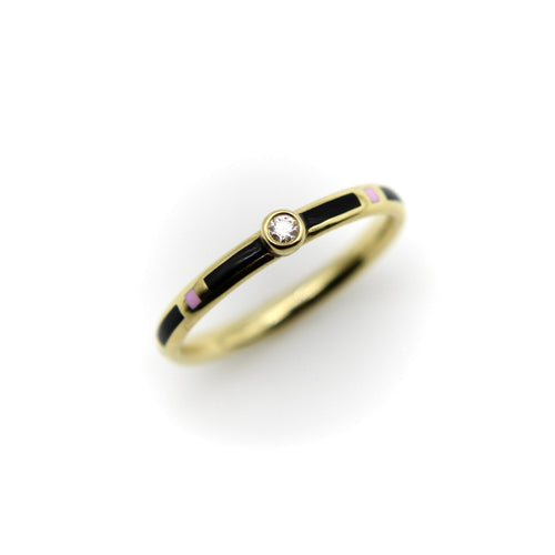 Bague Bague en or 18 carats émaillée noir et rose avec diamant 58 Facettes