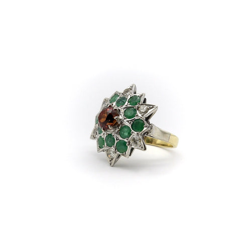 Bague Bague étoile - Cocktail en or blanc et jaune 18k, grenat spessartite, émeraudes et diamants 58 Facettes