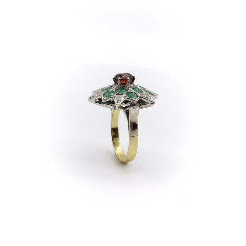Bague Bague étoile - Cocktail en or blanc et jaune 18k, grenat spessartite, émeraudes et diamants 58 Facettes
