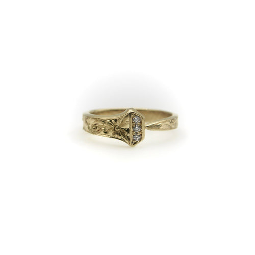 Bague 54 Bague clou porte-bonheur gravée à la main en or jaune 14k avec diamants 58 Facettes