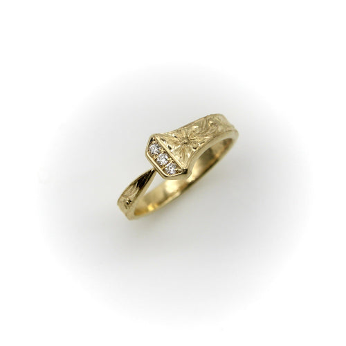 Bague 54 Bague clou porte-bonheur gravée à la main en or jaune 14k avec diamants 58 Facettes