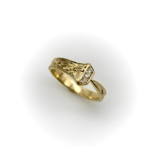 Bague 54 Bague clou porte-bonheur gravée à la main en or jaune 14k avec diamants 58 Facettes