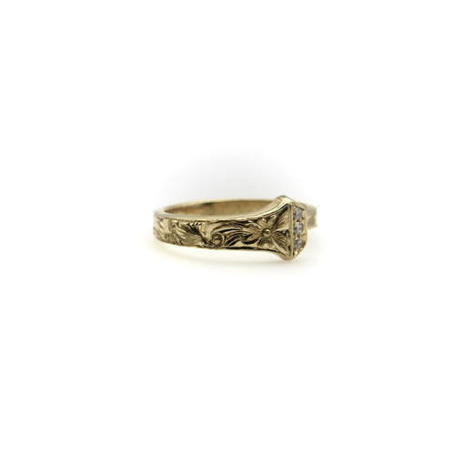 Bague 54 Bague clou porte-bonheur gravée à la main en or jaune 14k avec diamants 58 Facettes