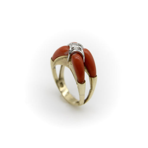 Bague 56 Bague moderniste en or 14K, corail et diamants 58 Facettes A1000D