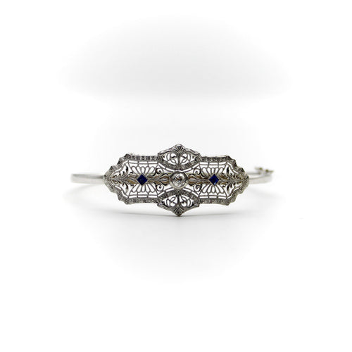 Bracelet Art déco - Bracelet en or blanc 14K avec diamant et saphirs 58 Facettes