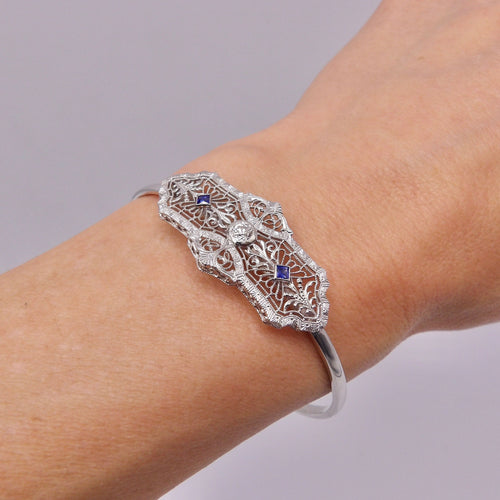 Bracelet Art déco - Bracelet en or blanc 14K avec diamant et saphirs 58 Facettes