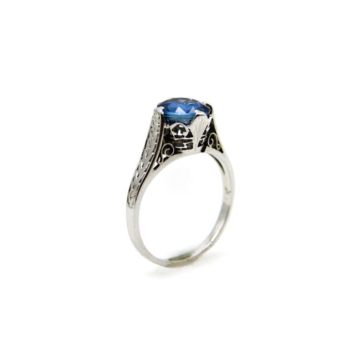 Bague 48 Bague Art déco en or blanc 14K avec saphir naturel 58 Facettes