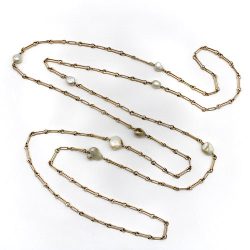 Collier Édouardien - Long collier chaîne en or 14K et perles naturelles du Mississippi 58 Facettes