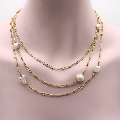 Collier Édouardien - Long collier chaîne en or 14K et perles naturelles du Mississippi 58 Facettes