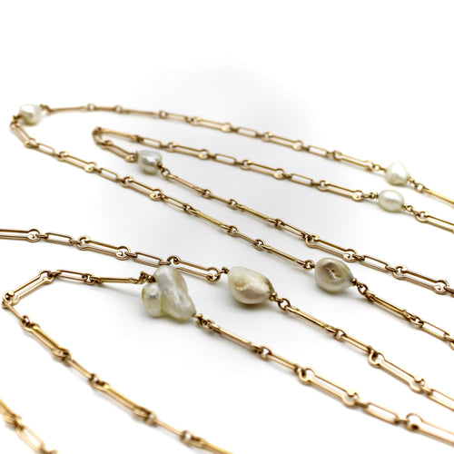 Collier Édouardien - Long collier chaîne en or 14K et perles naturelles du Mississippi 58 Facettes