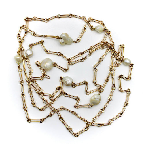 Collier Édouardien - Long collier chaîne en or 14K et perles naturelles du Mississippi 58 Facettes