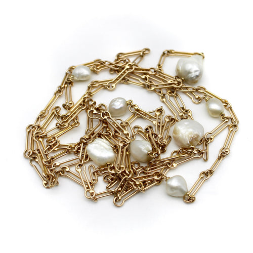 Collier Édouardien - Long collier chaîne en or 14K et perles naturelles du Mississippi 58 Facettes