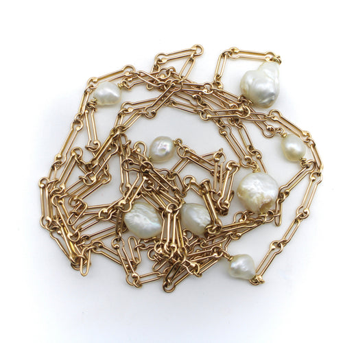 Collier Édouardien - Long collier chaîne en or 14K et perles naturelles du Mississippi 58 Facettes