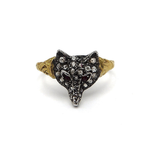 Bague 58 Bague tête de renard vintage en or 14k, diamants et rubis 58 Facettes