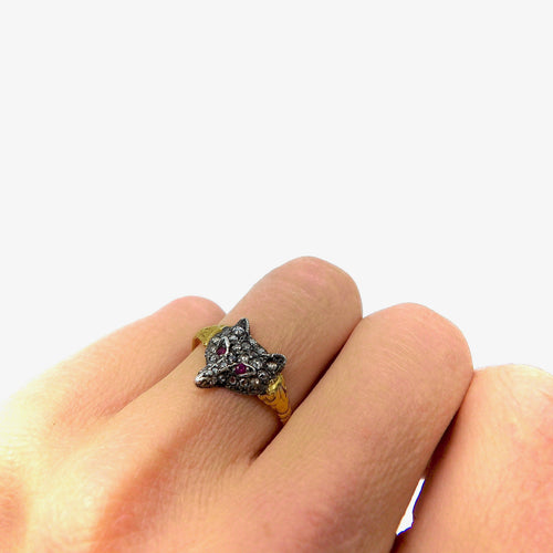 Bague 58 Bague tête de renard vintage en or 14k, diamants et rubis 58 Facettes