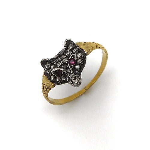 Bague 58 Bague tête de renard vintage en or 14k, diamants et rubis 58 Facettes