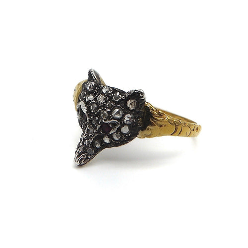 Bague 58 Bague tête de renard vintage en or 14k, diamants et rubis 58 Facettes
