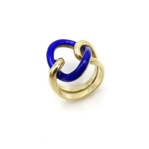 Bague 52 Bague vintage nœud d’amoureux en or jaune 14 carats et émail bleu 58 Facettes