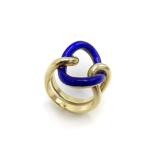 Bague 52 Bague vintage nœud d’amoureux en or jaune 14 carats et émail bleu 58 Facettes