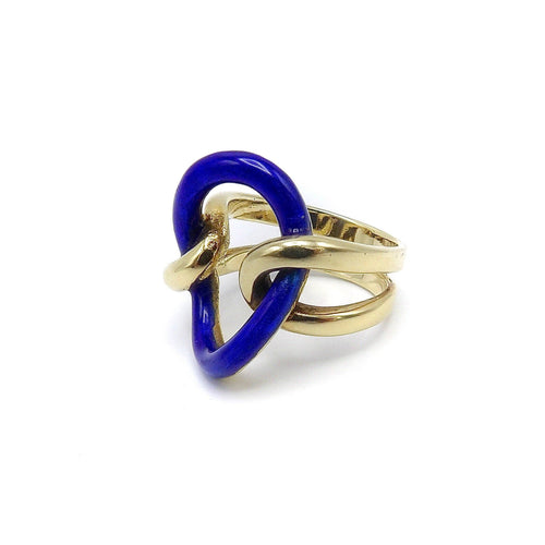 Bague 52 Bague vintage nœud d’amoureux en or jaune 14 carats et émail bleu 58 Facettes
