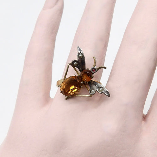 Bague 56 Bague insecte - Or jaune 14K, argent, topazes, perles et grenat 58 Facettes
