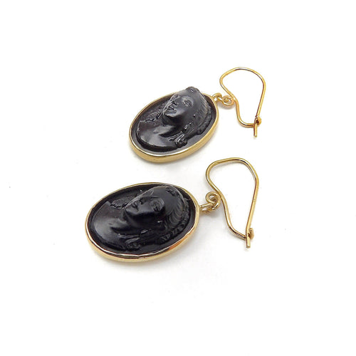 Boucles d'oreilles Époque victorienne - Boucles d’oreilles camées en vulcanite et or jaune 14K 58 Facettes