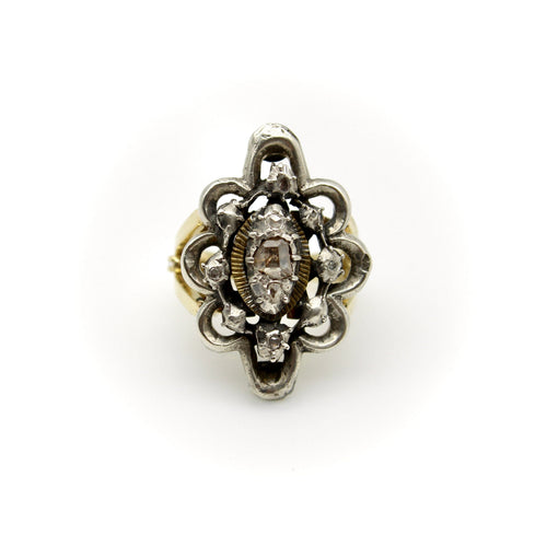 Bague 54 Georgian Revival - Bague en or jaune 14 carats, argent et diamants 58 Facettes
