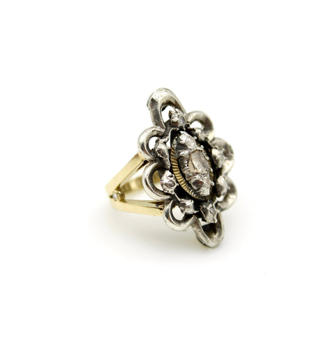 Bague 54 Georgian Revival - Bague en or jaune 14 carats, argent et diamants 58 Facettes