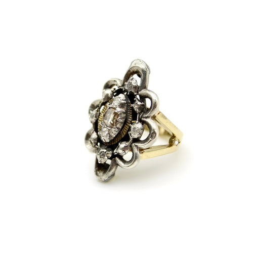 Bague 54 Georgian Revival - Bague en or jaune 14 carats, argent et diamants 58 Facettes