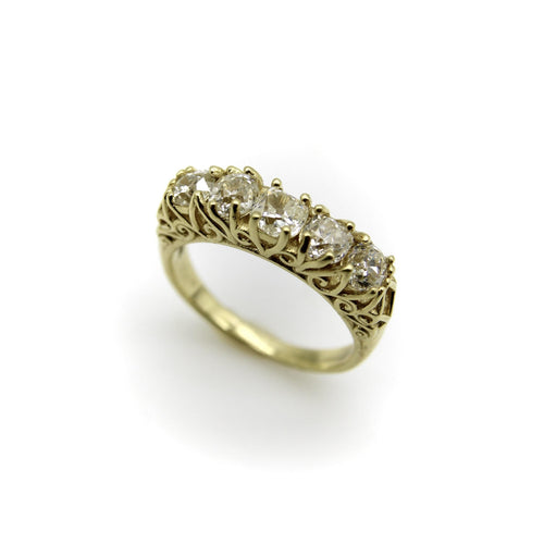 Bague 55 Bague cinq pierres en or 18K et diamants taille Old Mine 58 Facettes A1001A