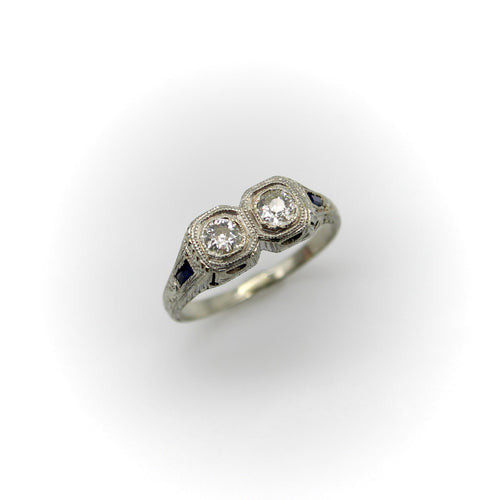 Bague 51 Bague Toi et Moi Art déco édouardienne en or blanc 18k, diamants et saphirs 58 Facettes