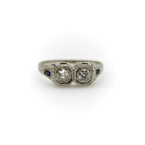Bague 51 Bague Toi et Moi Art déco édouardienne en or blanc 18k, diamants et saphirs 58 Facettes