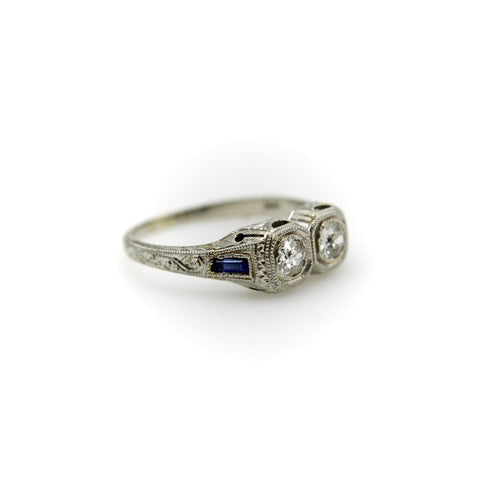 Bague 51 Bague Toi et Moi Art déco édouardienne en or blanc 18k, diamants et saphirs 58 Facettes
