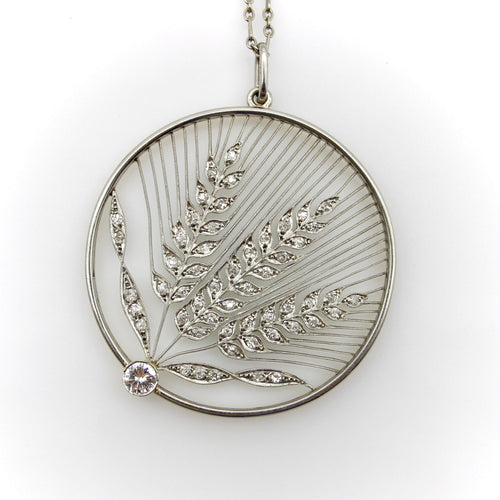 Collier Édouardien - Collier pendentif médaillon blé ajouré en platine et or 18k diamants 58 Facettes
