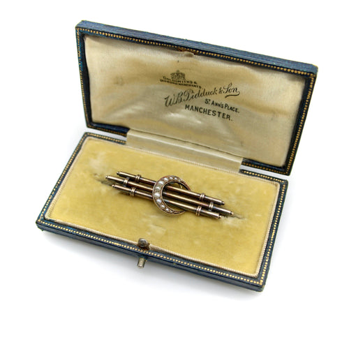 Broche Époque victorienne - Broche croissant de lune en or 15K et perles 58 Facettes