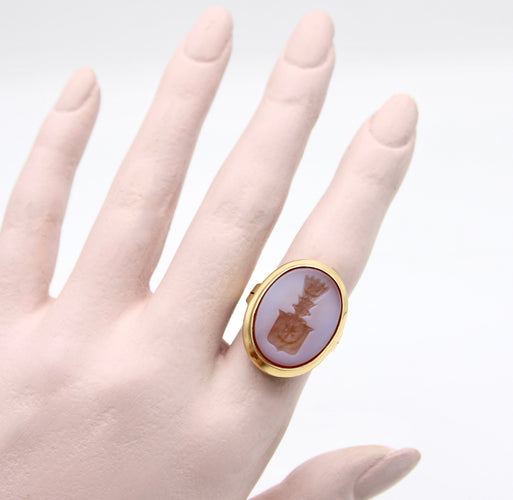 Bague 56 Bague chevalière victorienne en or 14K et agate rubanée, intaille 58 Facettes