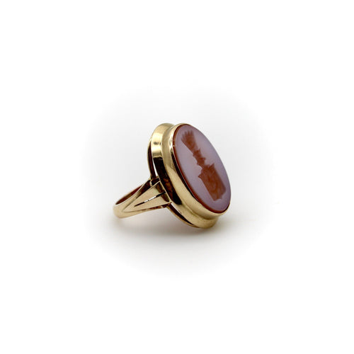 Bague 56 Bague chevalière victorienne en or 14K et agate rubanée, intaille 58 Facettes