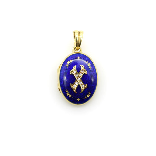 Pendentif Fabergé - Pendentif médaillon en or 18k, diamants et émail guilloché 58 Facettes