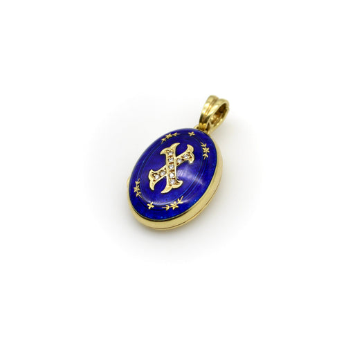Pendentif Fabergé - Pendentif médaillon en or 18k, diamants et émail guilloché 58 Facettes
