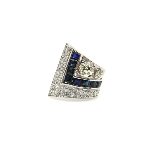 Bague 49 Bague Art déco en platine et or rose 14k, diamants et saphirs 58 Facettes